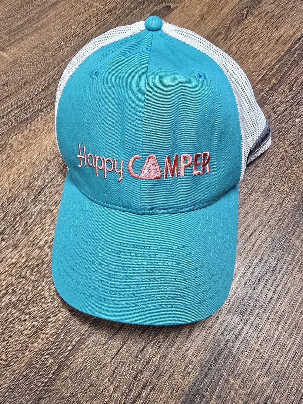 Columbia Happy Camper Trucker Hat Teal White Mesh Snapback Camping Outdoors